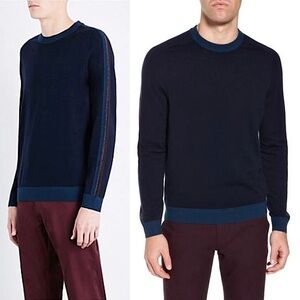 NWT TED BAKER Navy Wool Colorblock Striped Long Sleeve Slim Fit Sweater
